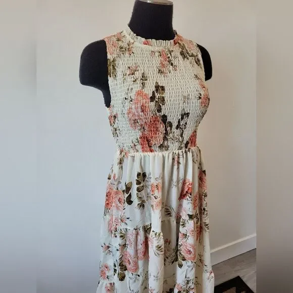 Cream Floral Midi Dress Smocked Tiered Fairy Cottage Whimsical Pastoral Maiden S - Picture 2 of 10